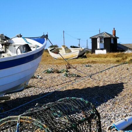 Look-out and boats at Sizewell beach near Leiston Suffolk